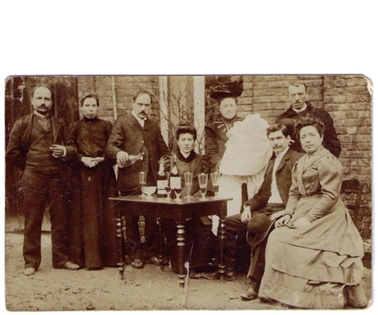 Antique Absinthe Photograph Postcard - Group with Baby Sitting Outside at a Table