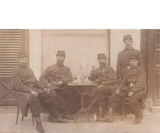 Antique Absinthe Photograph Postcard - WWI Soldiers at a Bistro table