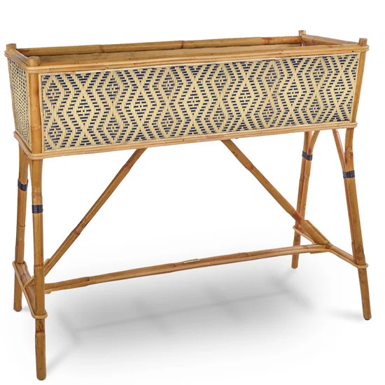 Lyon French Bistro Rattan Planter with Stand (Flower Box) - Small Diamonds - Gold / Navy Blue