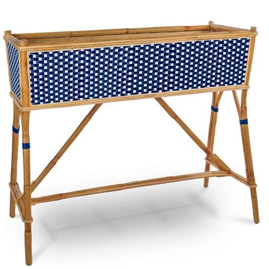 Lyon French Bistro Rattan Planter with Stand (Flower Box) - Small Squares - Navy Blue / White