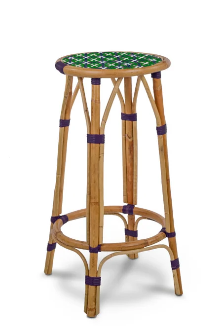 Valence French Bistro Rattan Bar Stool - Crosses - Green/Navy Blue/White