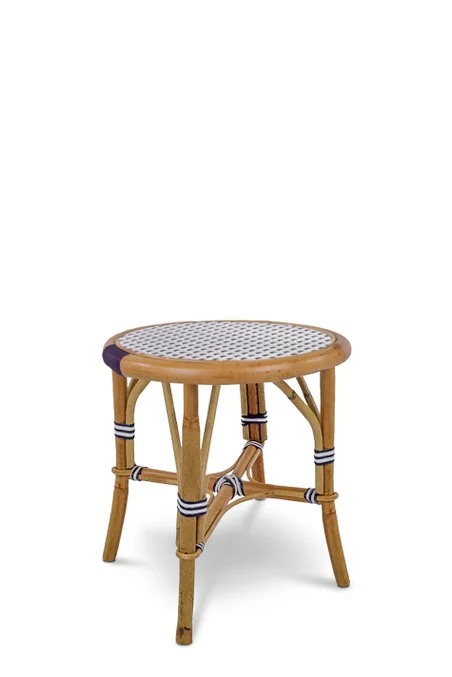 Valence French Bistro Rattan Short Stool - Small Squares - White / Navy Blue